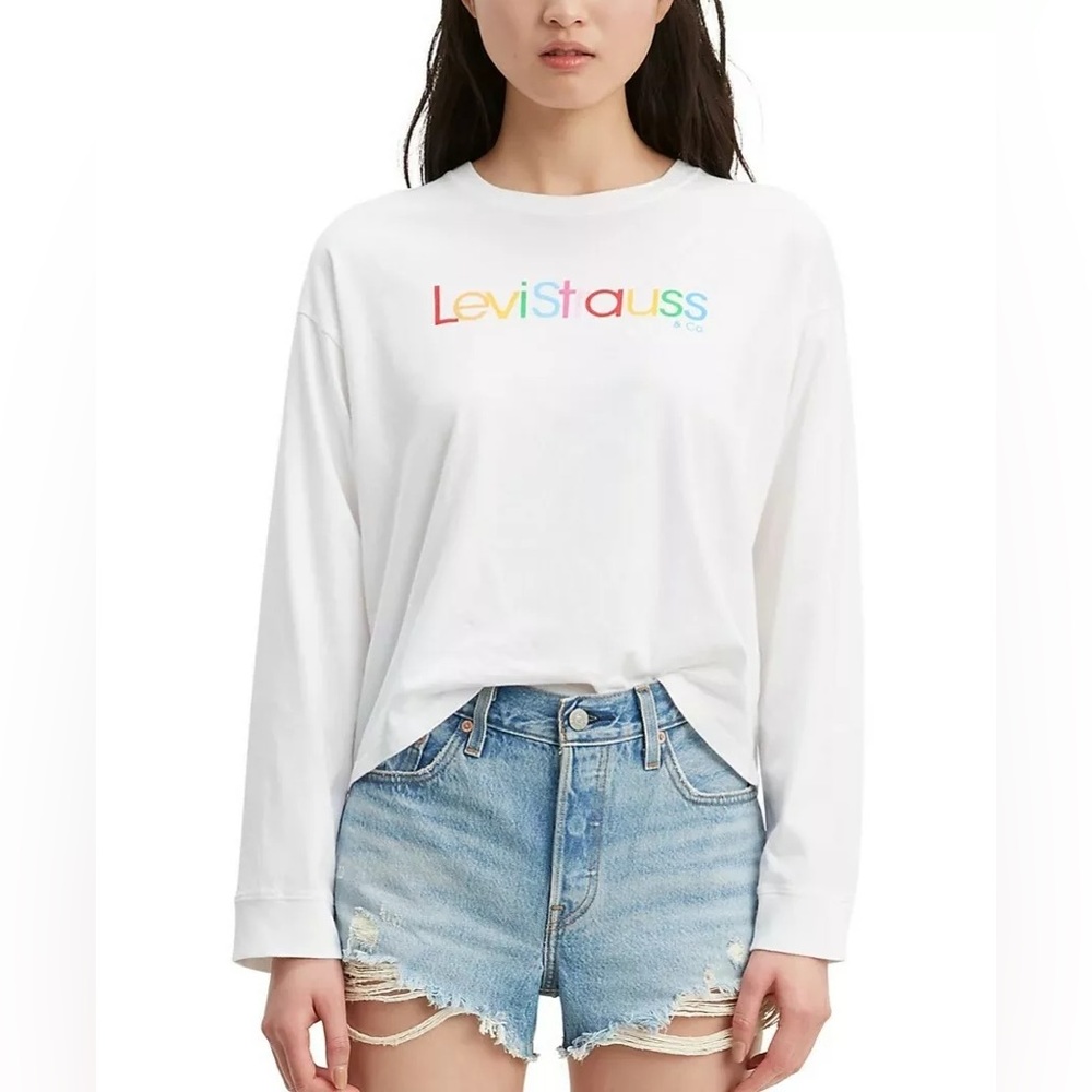 Levi’s Rainbow Logo Long Sleeve Tee White Drop Shoulder Crop Top Large NWT - Picture 14 of 14